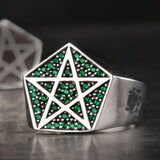 Lucifer morningstar Pentacle  Sterling Silver Rings for man and women Emerald Artificial Zircon Fashion Jewelry