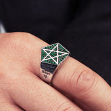 Lucifer morningstar Pentacle  Sterling Silver Rings for man and women Emerald Artificial Zircon Fashion Jewelry