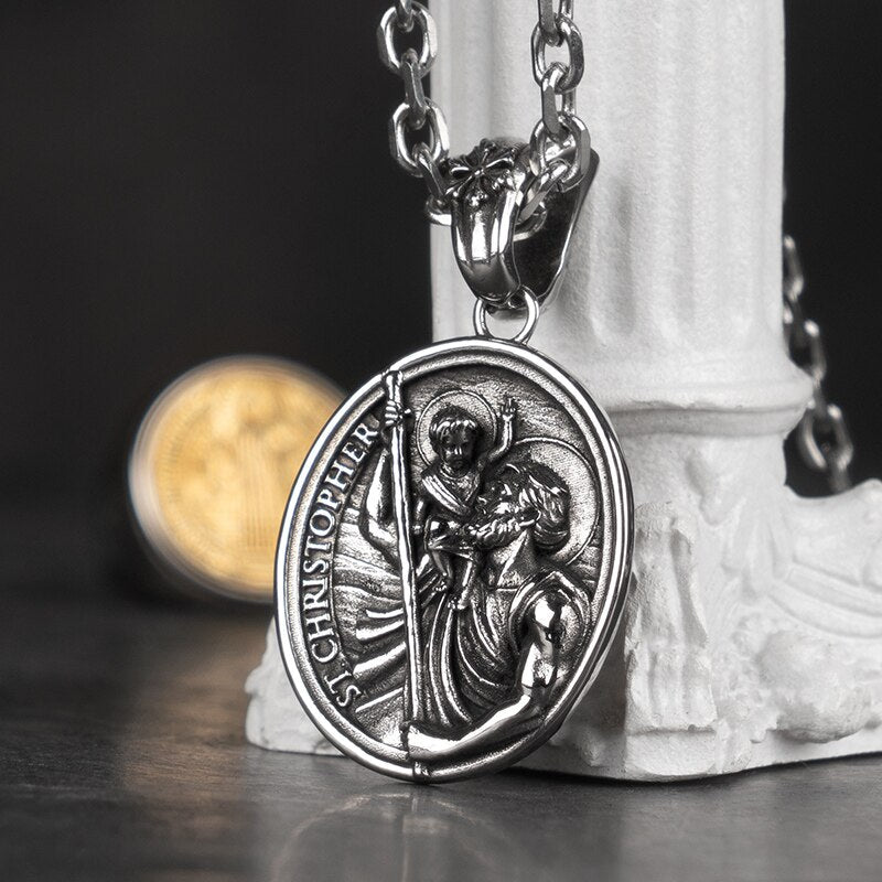 St Christopher Necklace Religious Medal Stainless Steel Chain